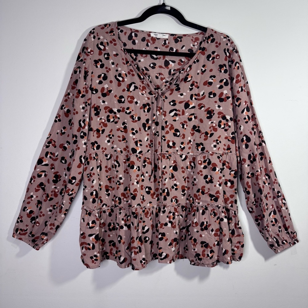 BeachLunchLounge Blouse XL Leopard Print Peplum Boho Top Tie Neck